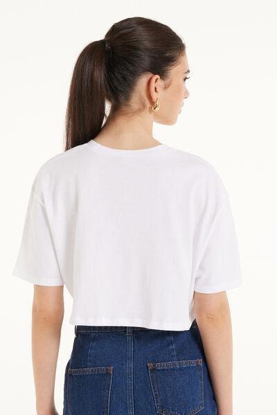 WHITE Boxy Crewneck Cropped Cotton T-Shirt, , large image number 2