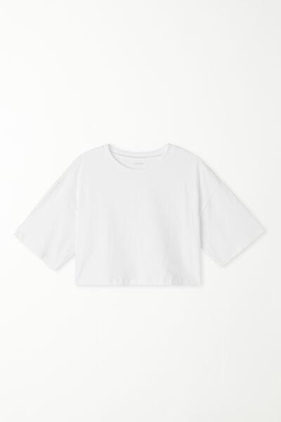 WHITE Boxy Crewneck Cropped Cotton T-Shirt, , large image number 4