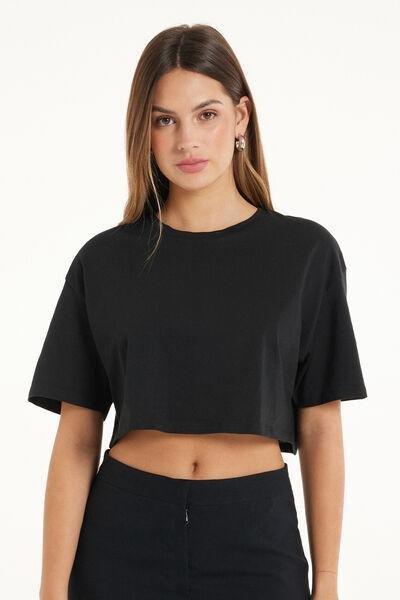 BLACK Boxy Crewneck Cropped Cotton T-Shirt, , large image number 0