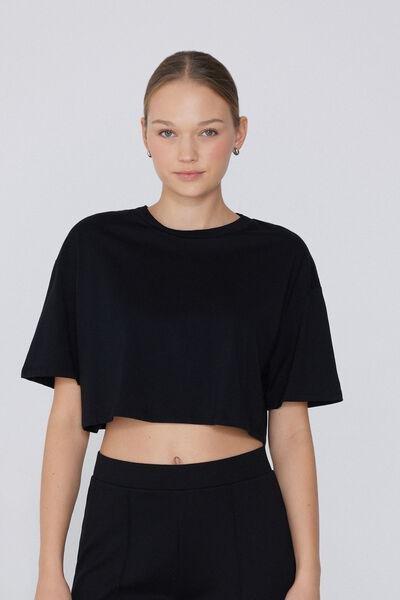 Black Boxy Crewneck Cropped T-Shirt, , large image number 0