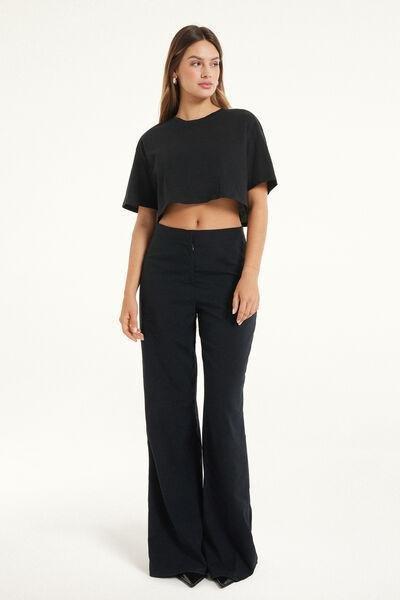 BLACK Boxy Crewneck Cropped Cotton T-Shirt, , large image number 1