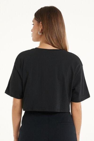 Black Boxy Crewneck Cropped T-Shirt, , large image number 2