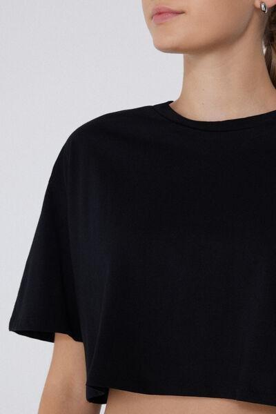 Black Boxy Crewneck Cropped T-Shirt, , large image number 3