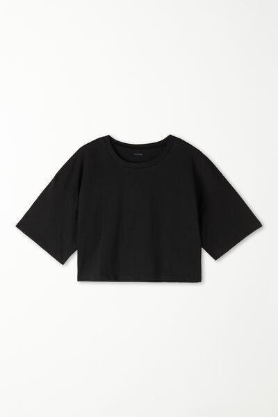 BLACK Boxy Crewneck Cropped Cotton T-Shirt, , large image number 4