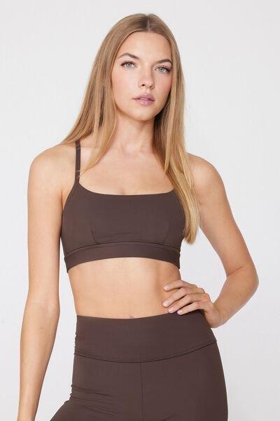 Brown Spaghetti Shoulder Strap Padded Short Sport Top, 5701_495Z, large image number 1
