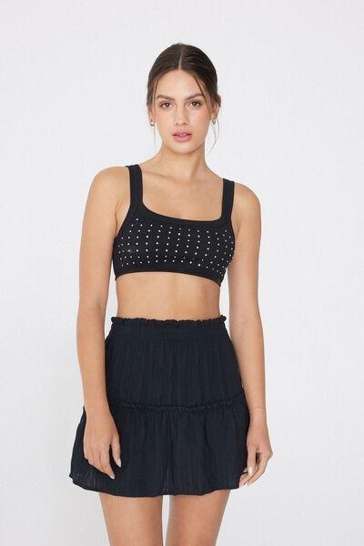 Black Ribbed Rhinestone Bralette, , medium