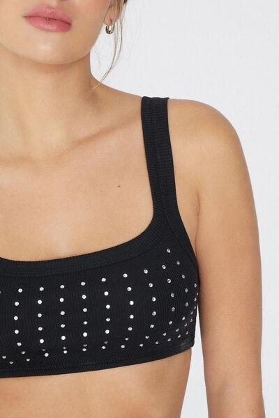 Black Ribbed Rhinestone Bralette, , large image number 3