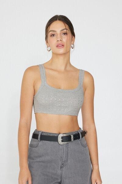 Grey Ribbed Rhinestone Bralette, , medium