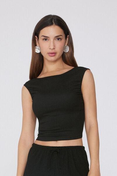 Black Crepe-Effect Crop Top, Black, large image number 0