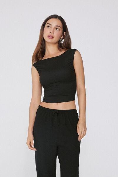 Black Crepe-Effect Crop Top, Black, large image number 1
