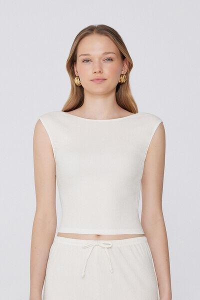 Cream Crepe-Effect Crop Top, , medium