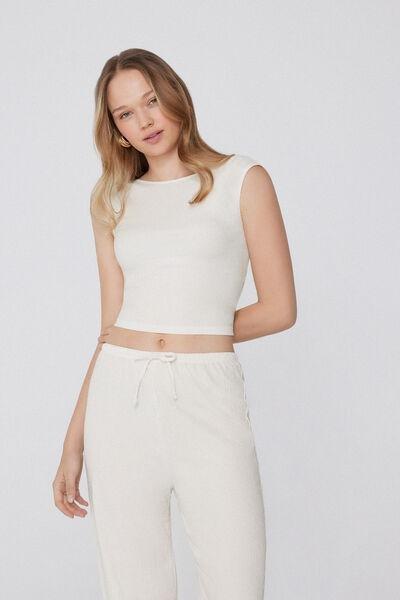 Cream Crepe-Effect Crop Top, , large image number 1