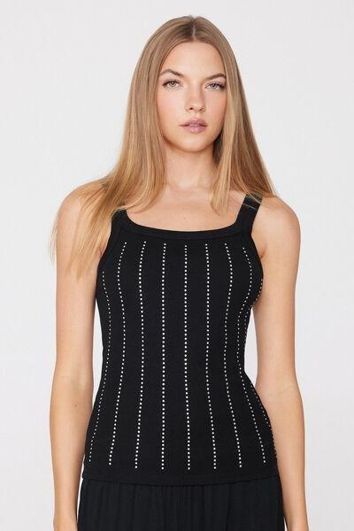 BLACK Ribbed Cotton Camisole with Rhinestones, Black, large image number 1