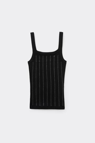 BLACK Ribbed Cotton Camisole with Rhinestones, Black, large image number 4
