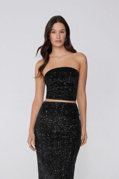 Black Sequin Off-The-Shoulder Crop Top, Black, large image number 0