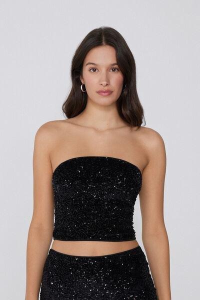 Black Sequin Off-The-Shoulder Crop Top, Black, large image number 1