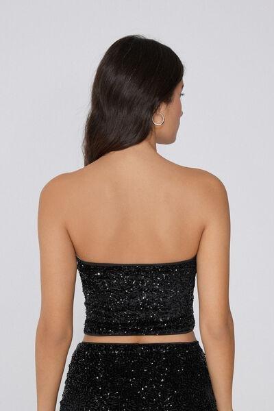 Black Sequin Off-The-Shoulder Crop Top, Black, large image number 2