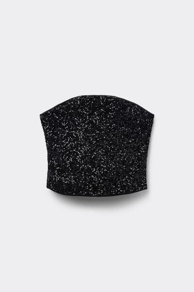 Black Sequin Off-The-Shoulder Crop Top, Black, large image number 4