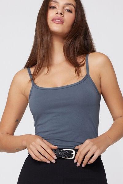 Blue Organic Stretch Cotton Round Neck Camisole, 5701_213Z, large image number 3