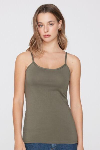Khaki Organic Stretch Cotton Round Neck Camisole, 5701_229Z, large image number 1