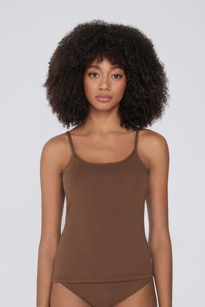 Beige Stretch Cotton Round-Neck Top, , medium