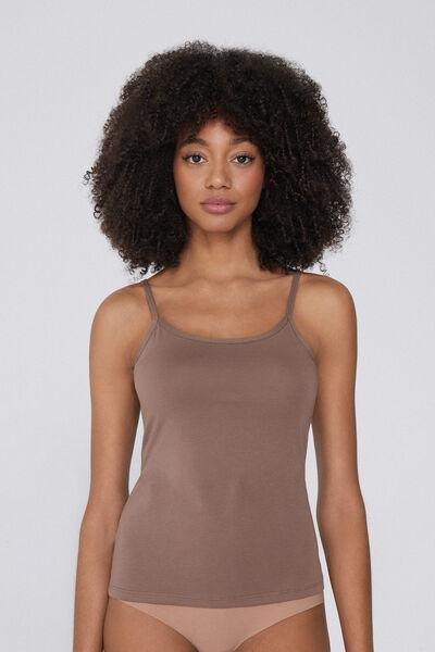 Brown Stretch Cotton Round-Neck Top, , medium