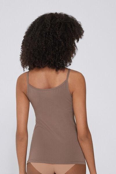 Brown Stretch Cotton Round-Neck Top, , large image number 2