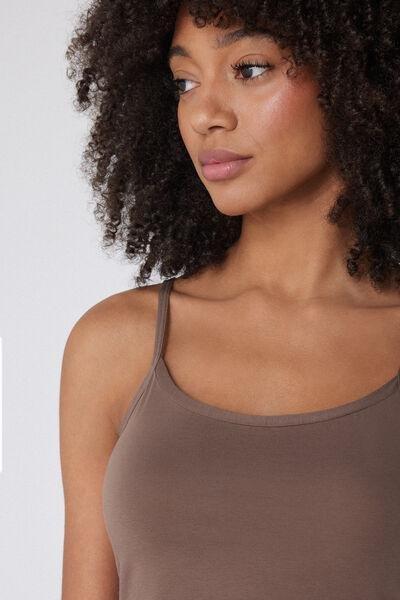 Brown Stretch Cotton Round-Neck Top, , large image number 3