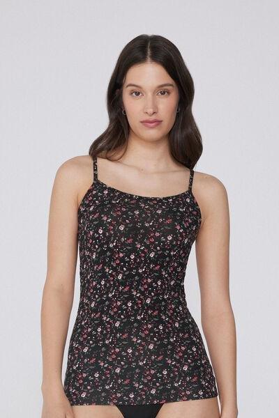 NERO STAMPA GARDEN Round-Neck Camisole in Stretch Cotton, , medium