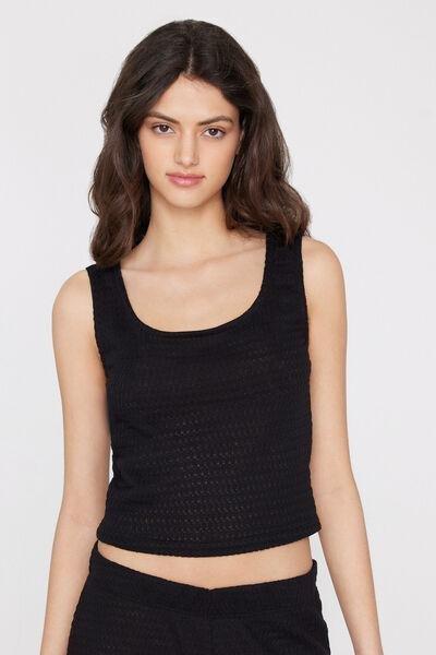 Black Openwork Wide Shoulder Strap Crop Top, Black, large image number 1