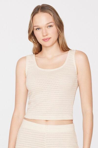 Cream Openwork Wide Shoulder Strap Crop Top, 5701_356Z, large image number 1