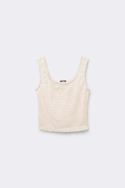 Cream Openwork Wide Shoulder Strap Crop Top, 5701_356Z, large image number 4