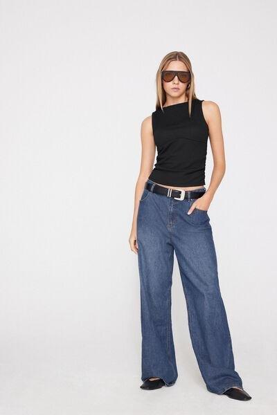 BLACK Short Crinkle Camisole with Wide Shoulder Straps, Black, large image number 0