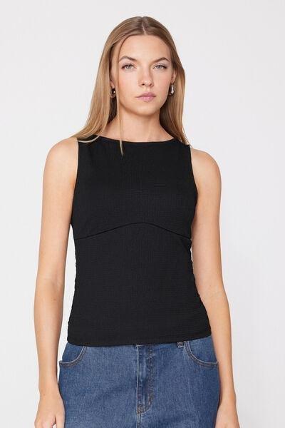 BLACK Short Crinkle Camisole with Wide Shoulder Straps, Black, large image number 1