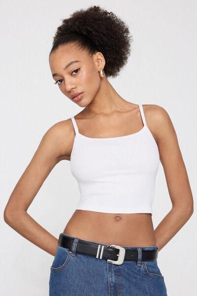 White Ribbed Cotton Crop Top, White, large image number 1