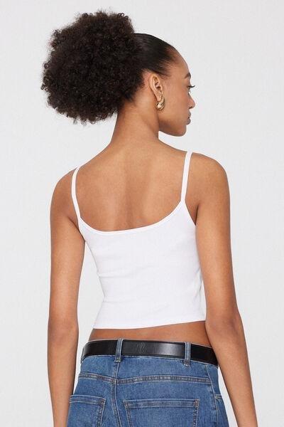 White Ribbed Cotton Crop Top, White, large image number 2