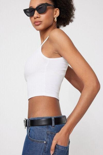 White Ribbed Cotton Crop Top, White, large image number 3