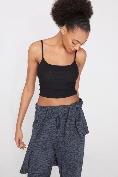 Black Ribbed Cotton Crop Top, Black, medium