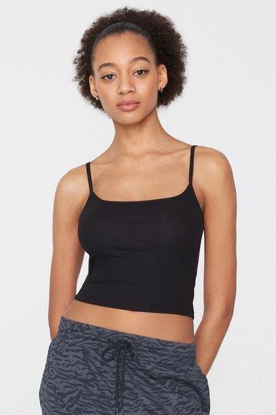 Black Ribbed Cotton Crop Top, Black, medium