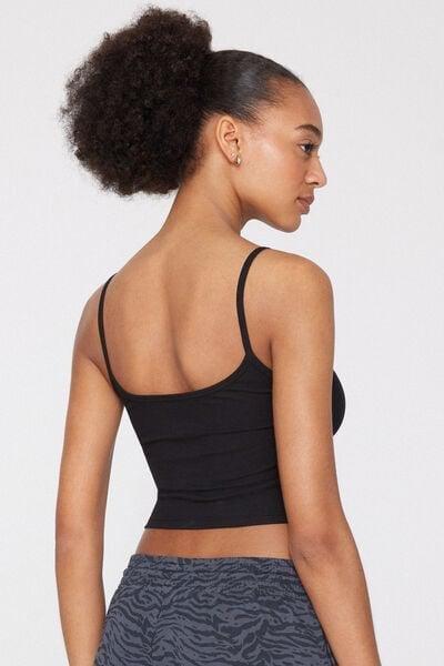 Black Ribbed Cotton Crop Top, Black, medium