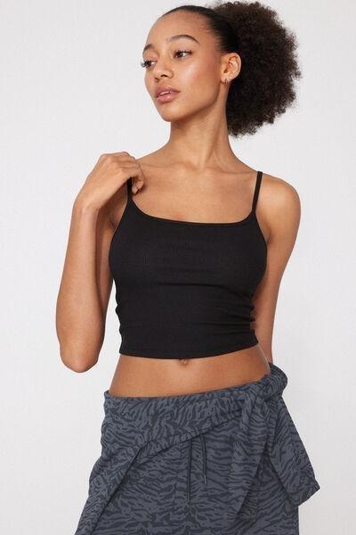 Black Ribbed Cotton Crop Top, Black, large image number 3