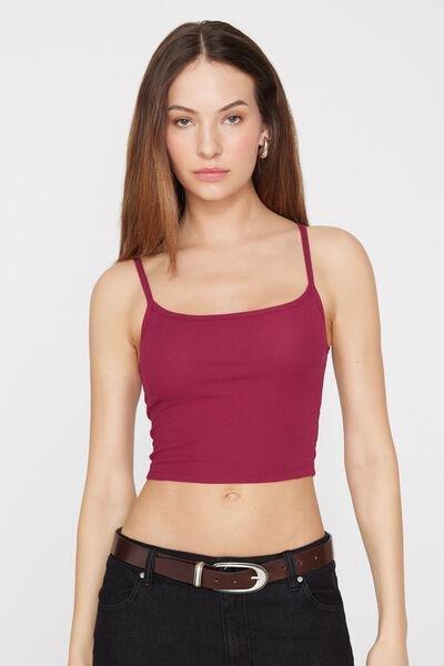 Red Ribbed Cotton Crop Top, 5701_343Z, large image number 1