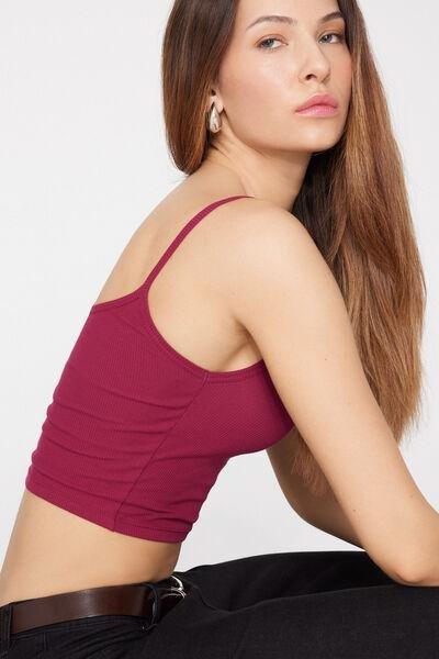 Red Ribbed Cotton Crop Top, 5701_343Z, large image number 3