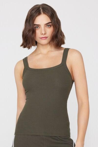 Green Square Neck Ribbed Cotton Camisole, 5701_226Z, large image number 1