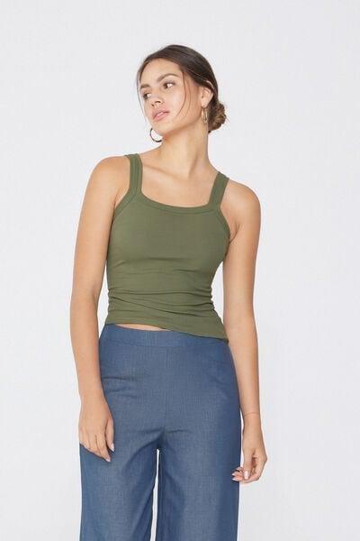 VERDE SAFARI Square Neck Ribbed Cotton Camisole, 5701_580W, large image number 0
