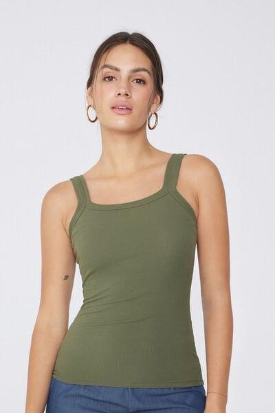 VERDE SAFARI Square Neck Ribbed Cotton Camisole, 5701_580W, large image number 1