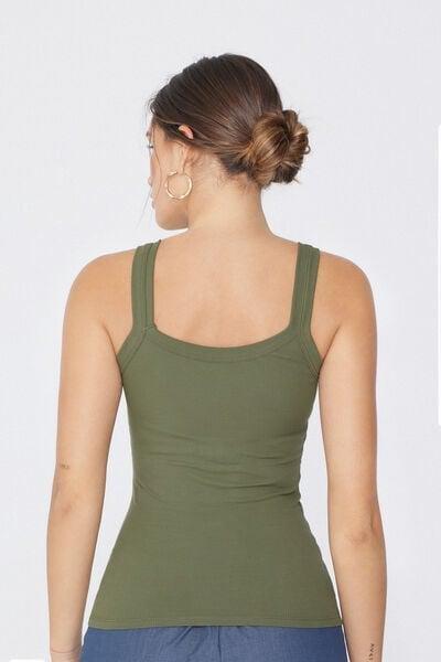 VERDE SAFARI Square Neck Ribbed Cotton Camisole, 5701_580W, large image number 2
