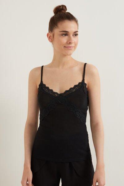 Black Lightweight Organic Cotton Lace Insert Tank Top, Black, large image number 1