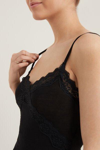 Black Lightweight Organic Cotton Lace Insert Tank Top, Black, large image number 3