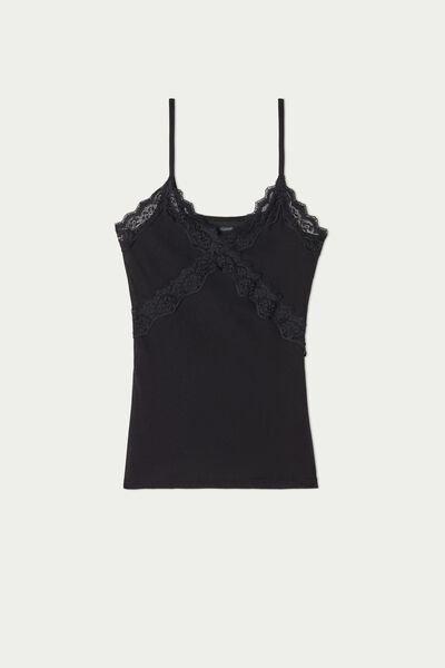 Black Lightweight Organic Cotton Lace Insert Tank Top, Black, large image number 4